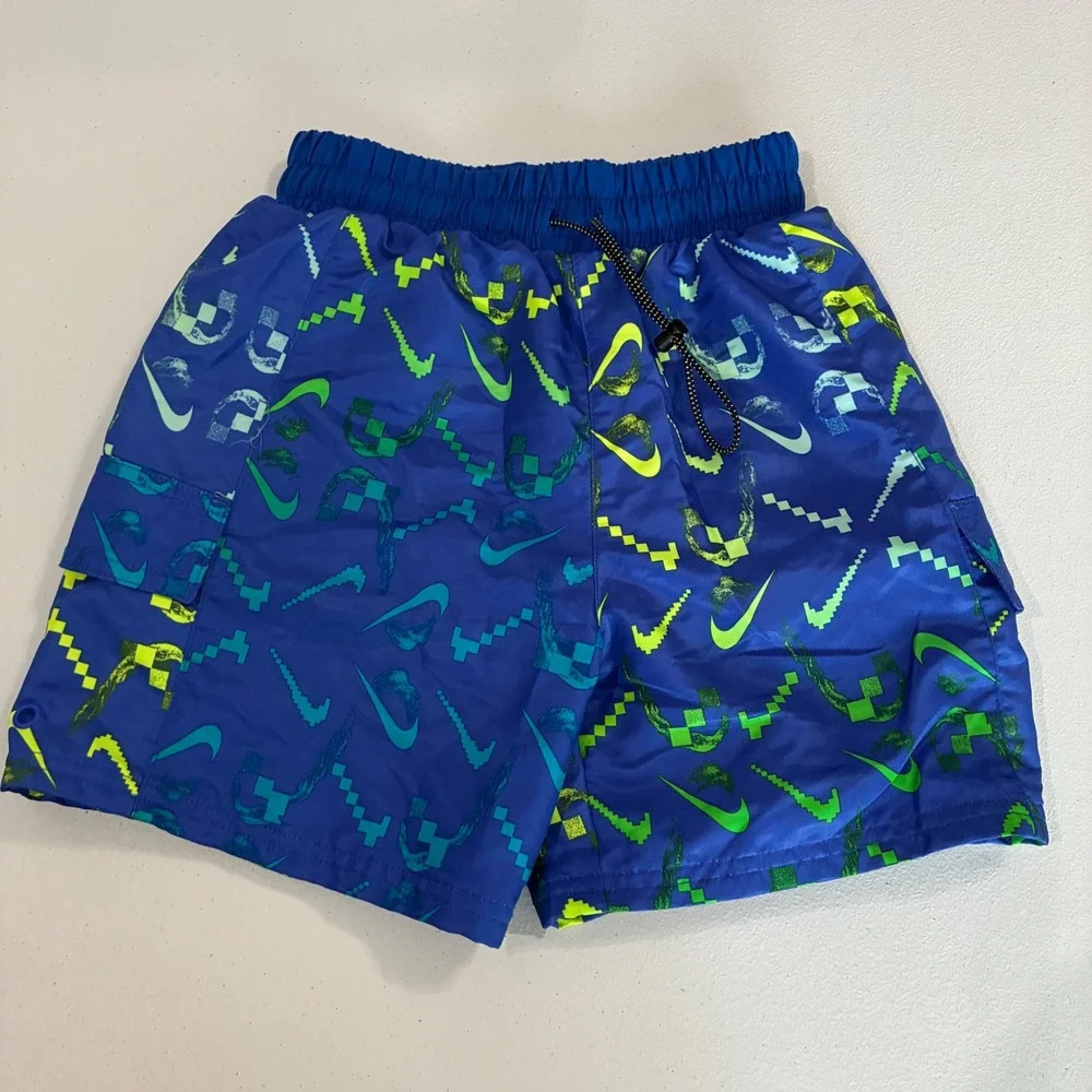 Nike Swim Trunks Boys Small S Blue Neon Green‎ Pixelated Swoosh Board Shorts